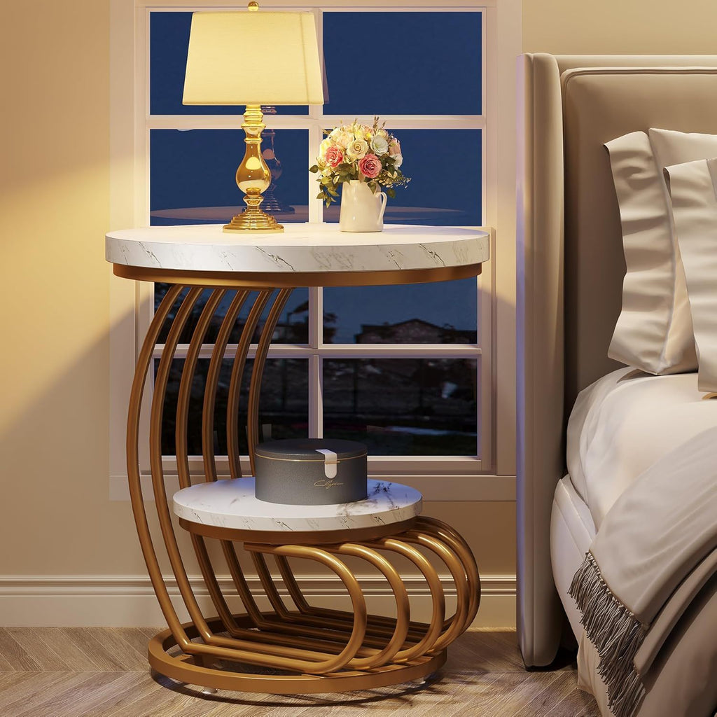 Round Vintage End Table with 2 Tier Storage - Dark Brown, Light Brown, White