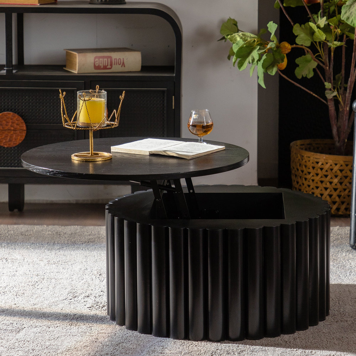Round Coffee Table with Lift and Handcrafted Relief - Black or Walnut