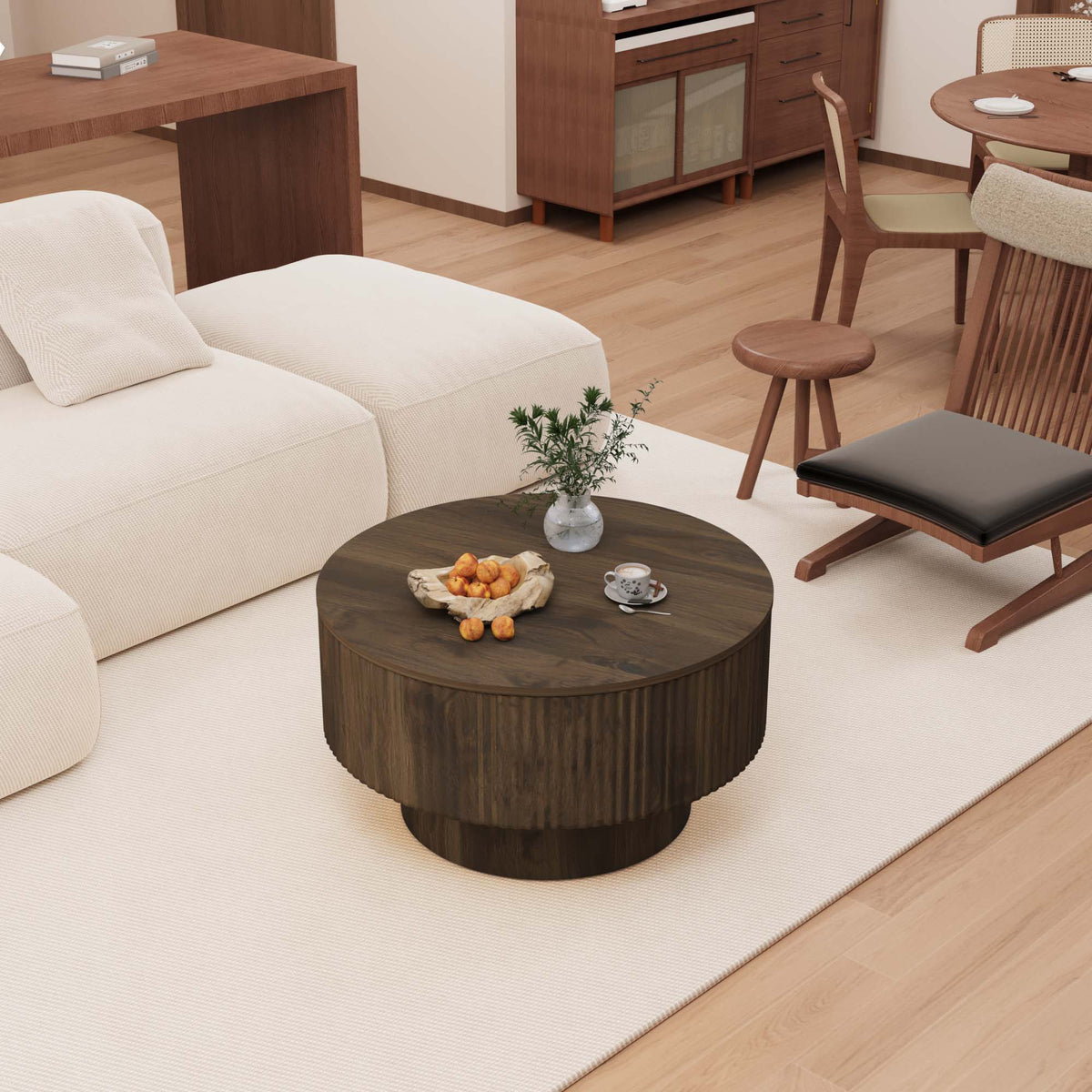 Modern Circular Coffee Table with Stripe Design and Storage Space - Light Brown or Dark Brown