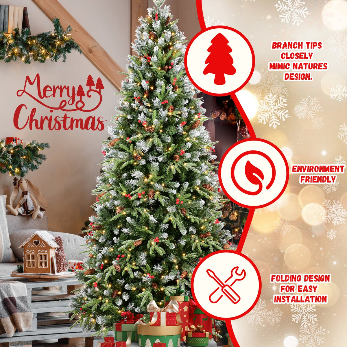 9FT Pre-Lit Christmas Tree with 750 Warm Lights - Green