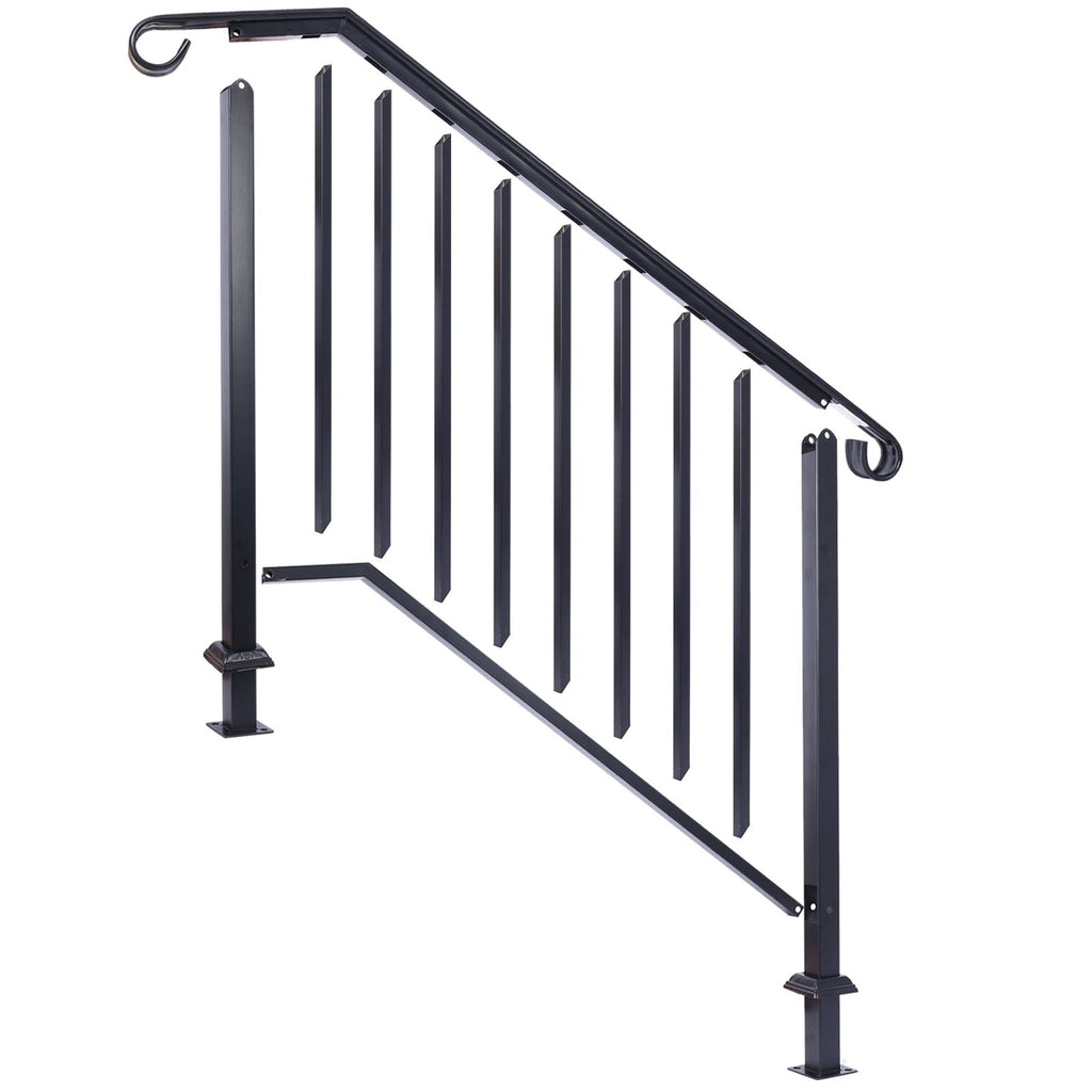 Wrought Iron Outdoor Handrail for 2 or 3 Steps with Rustproof Finish - Black