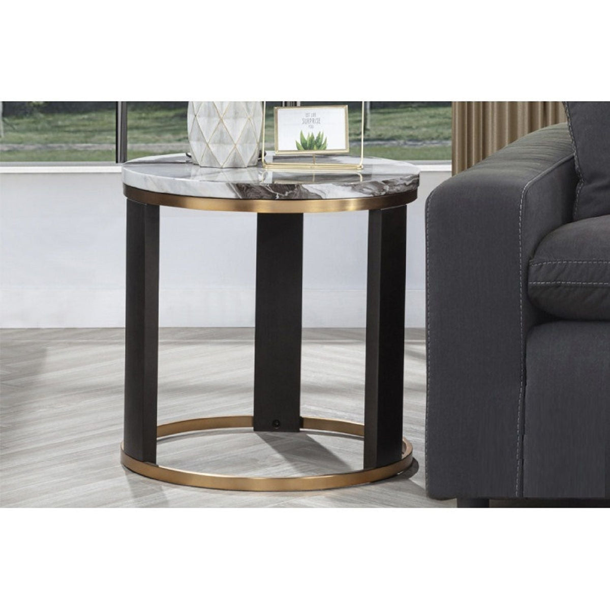 Round End Table with Faux Marble Top - Gold / Brown