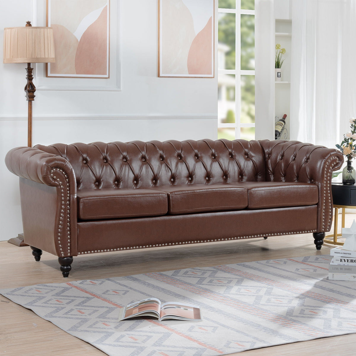 Rolled Arm Chesterfield 3 Seater Sofa with Fire-Resistant Upholstery - Multiple Colors