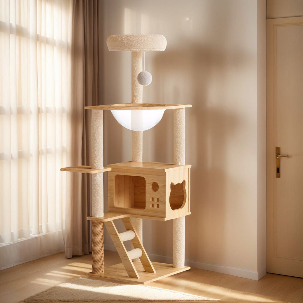 Modern Cat Tower with Sisal Scratching Posts and Top Perch - Natural / White