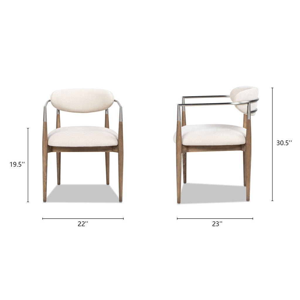 Artemis Mixed Material Upholstered Dining Arm Chair with Brushed Nickel Arms - Warm White