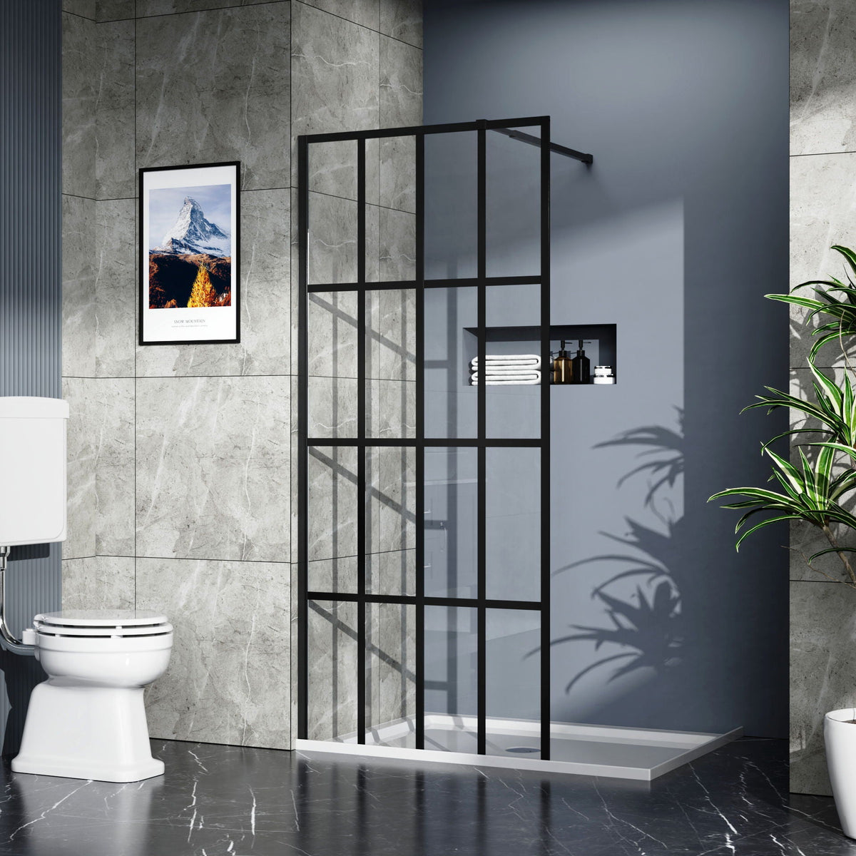 Black Shower Door Walk with Tempered Glass Panel - 34" x 72"
