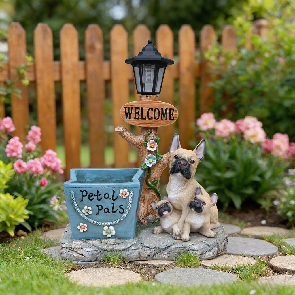 French Bulldog Family Planter Statue with Integrated Planter - Resin