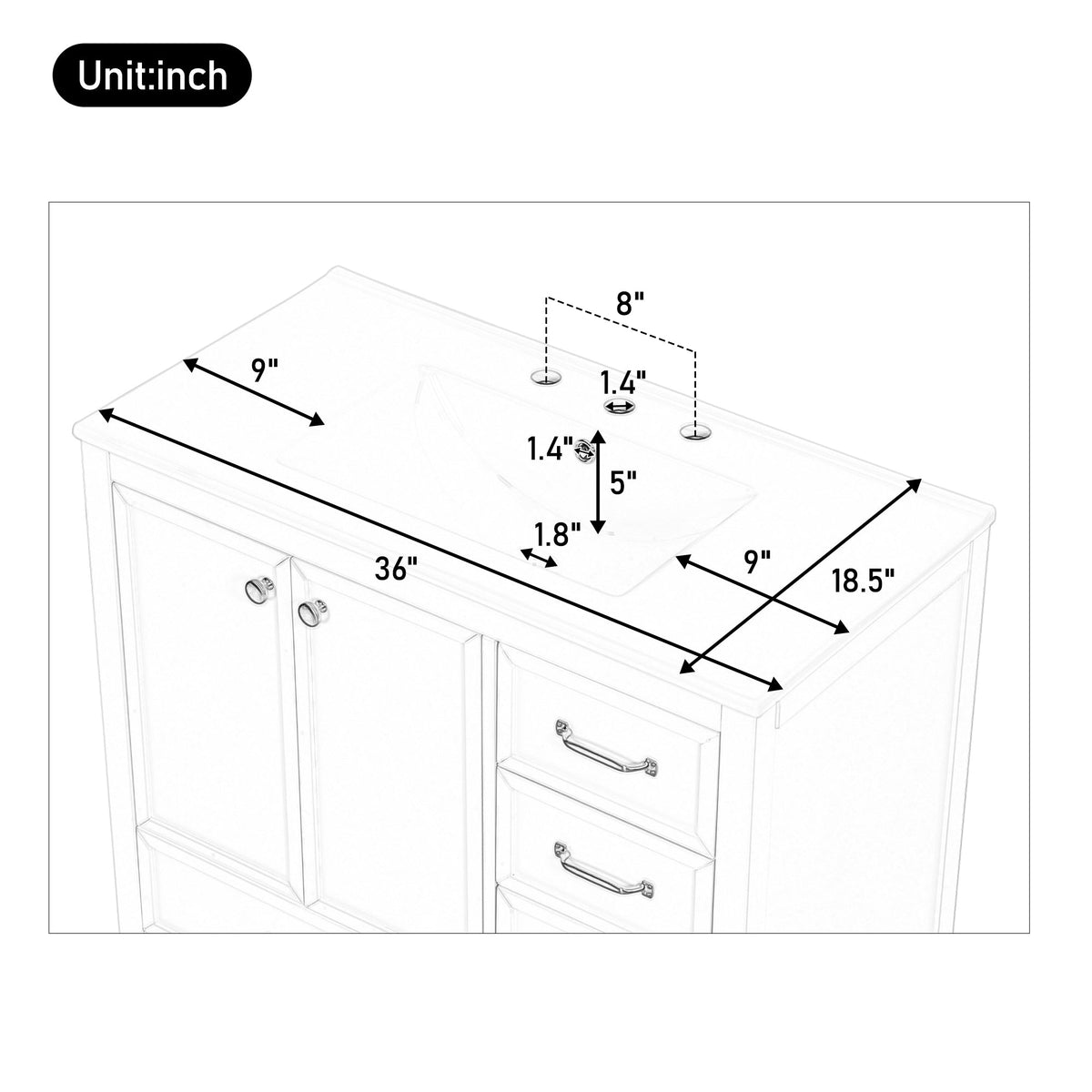 36" Bathroom Vanity with Ceramic Sink and Multi-Tier Storage - Blue, Black, or Grey