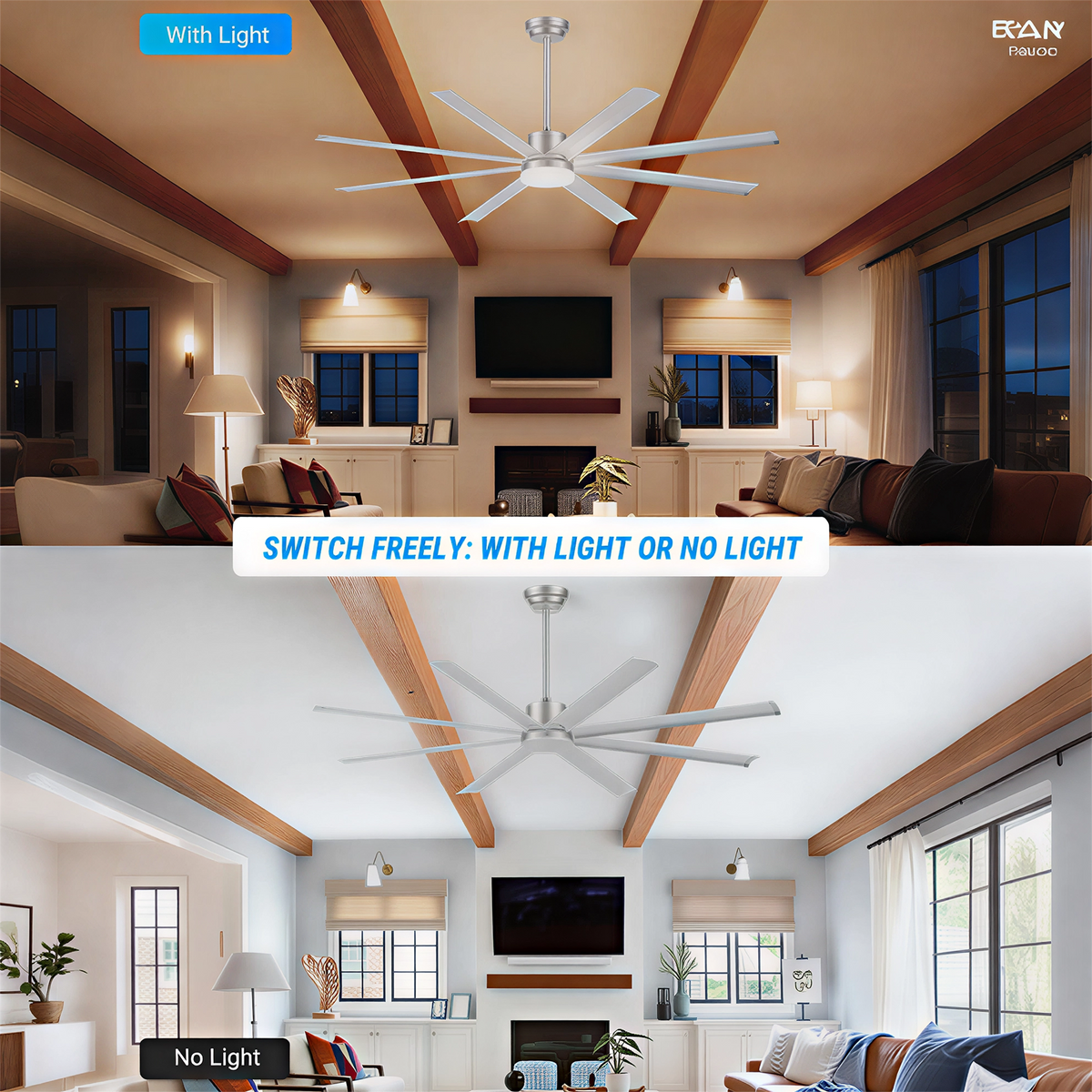 72 Inch Industrial Ceiling Fan with Light and Remote Control - Aluminum