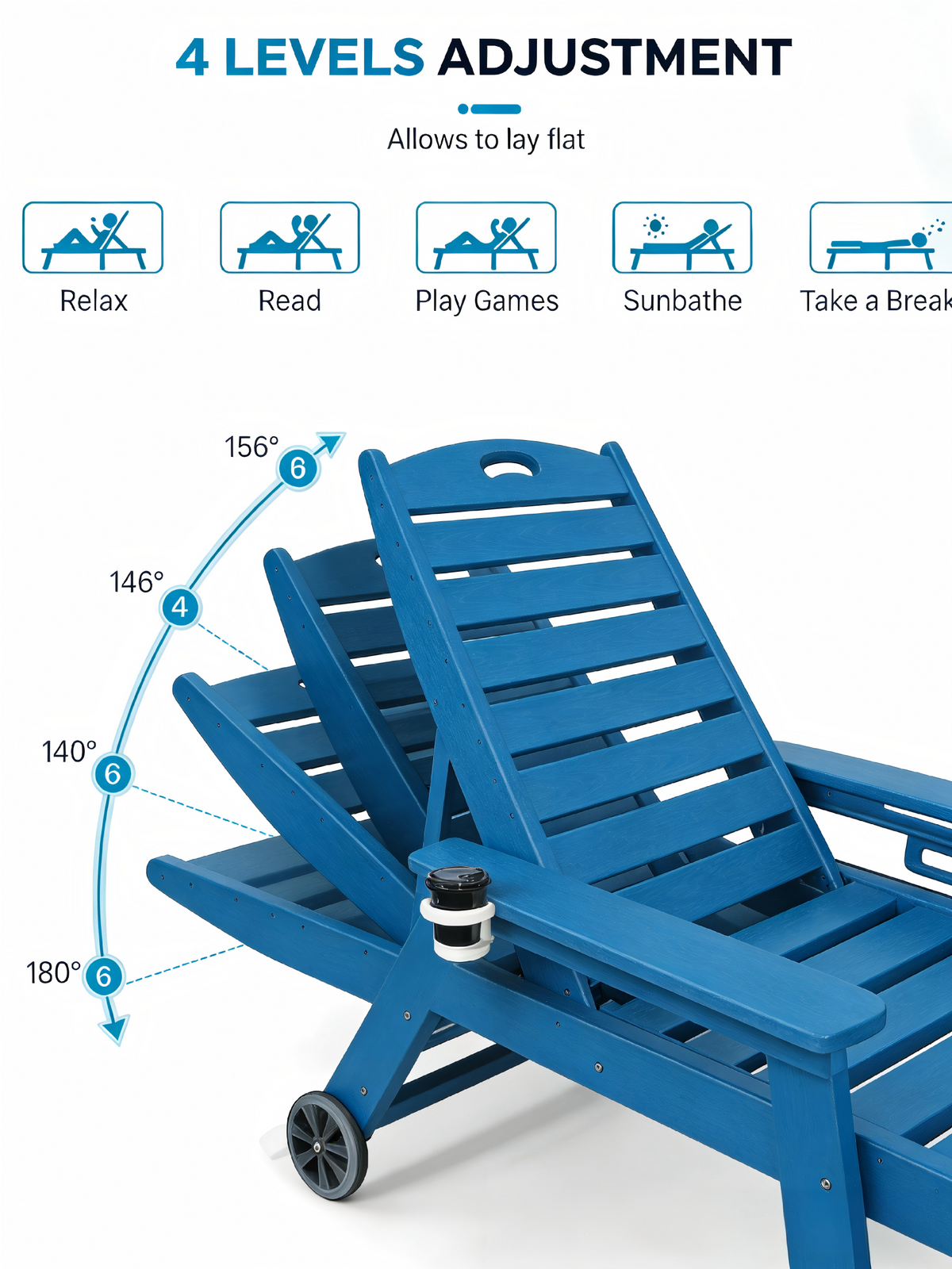 HDPE Outdoor Chaise Lounge Chair with Adjustable Backrest - Navy Blue