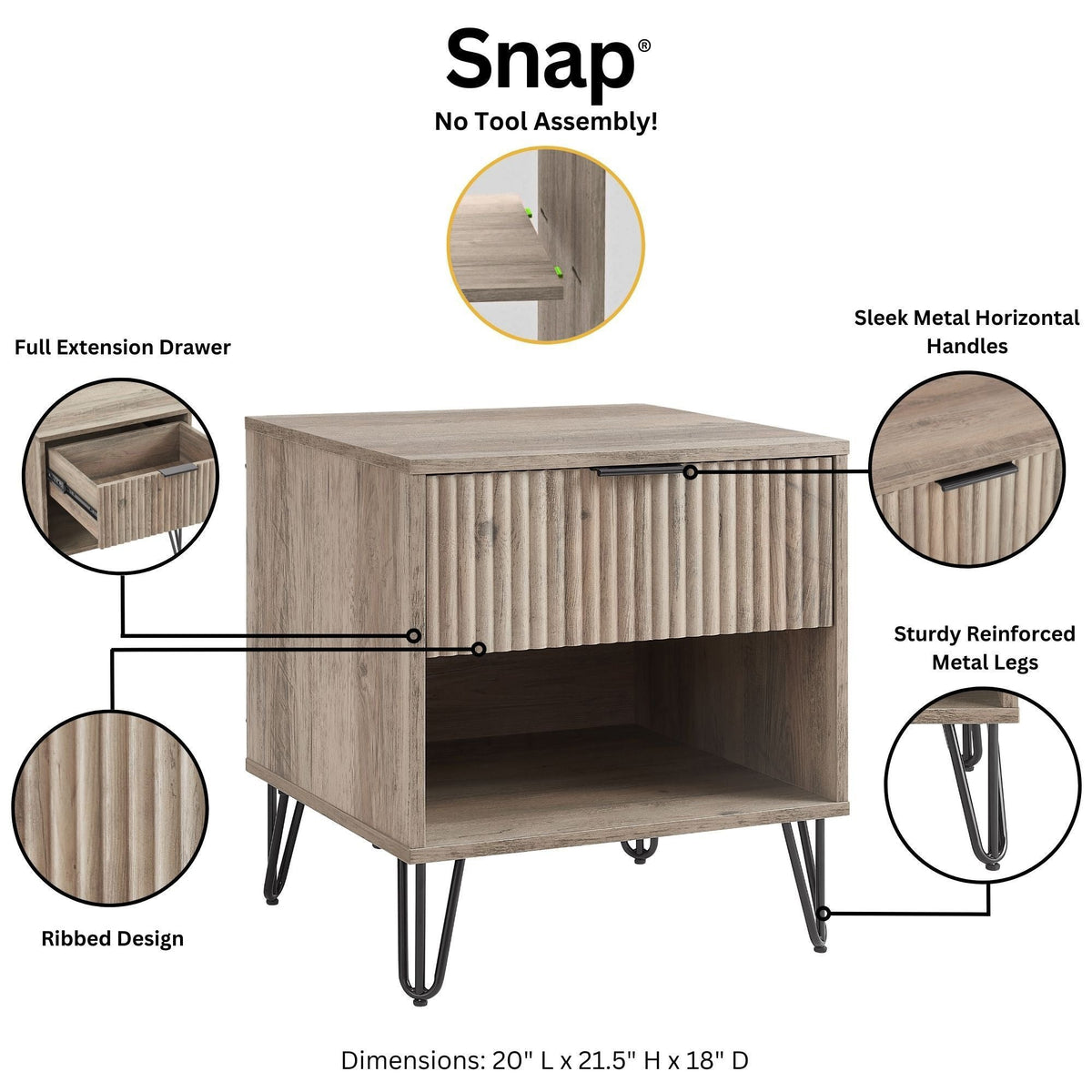Modern Nightstand with Fluted Drawer and Metal Handles - Multiple Colors