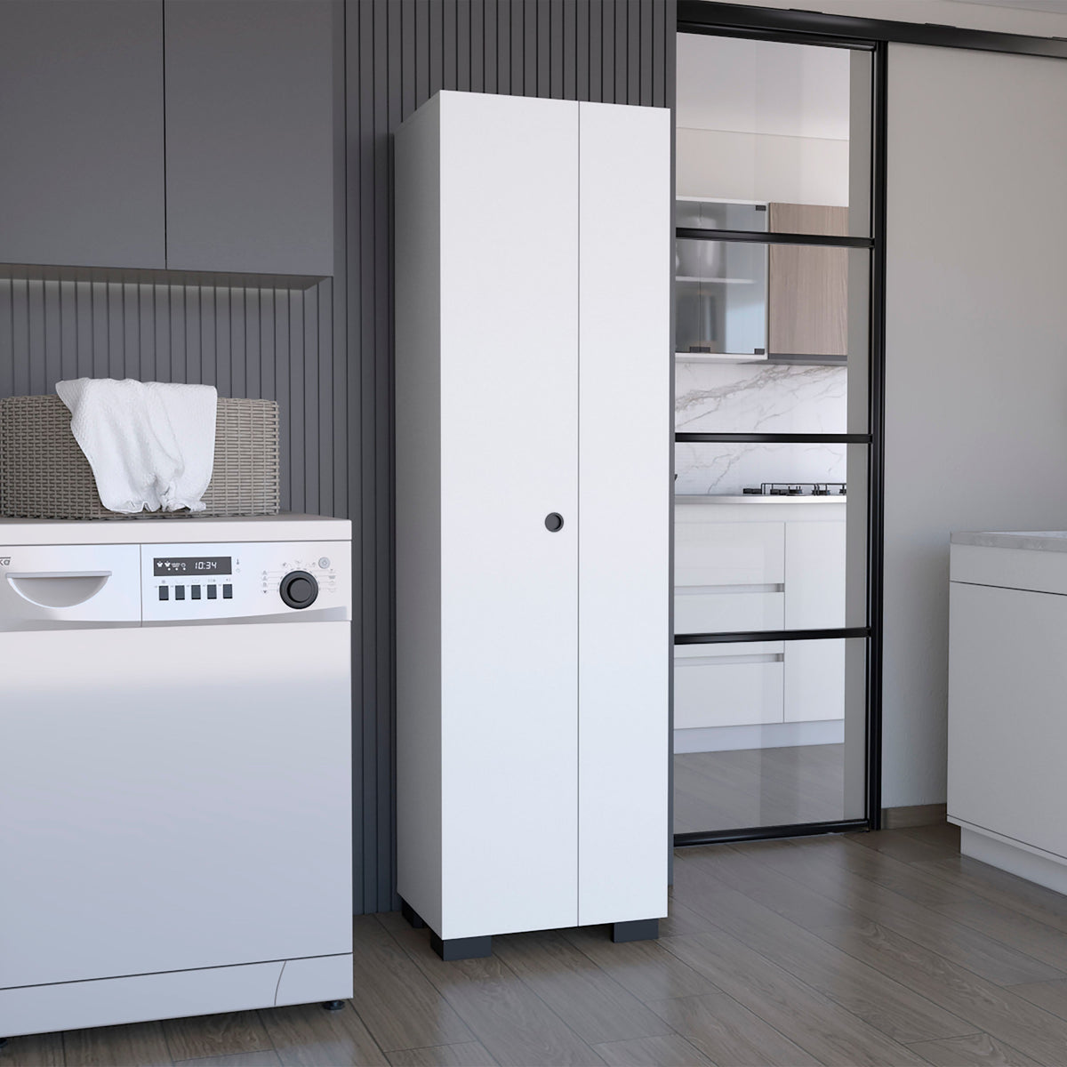 Attica Broom Cabinet with Double Doors and Inner Shelves - White