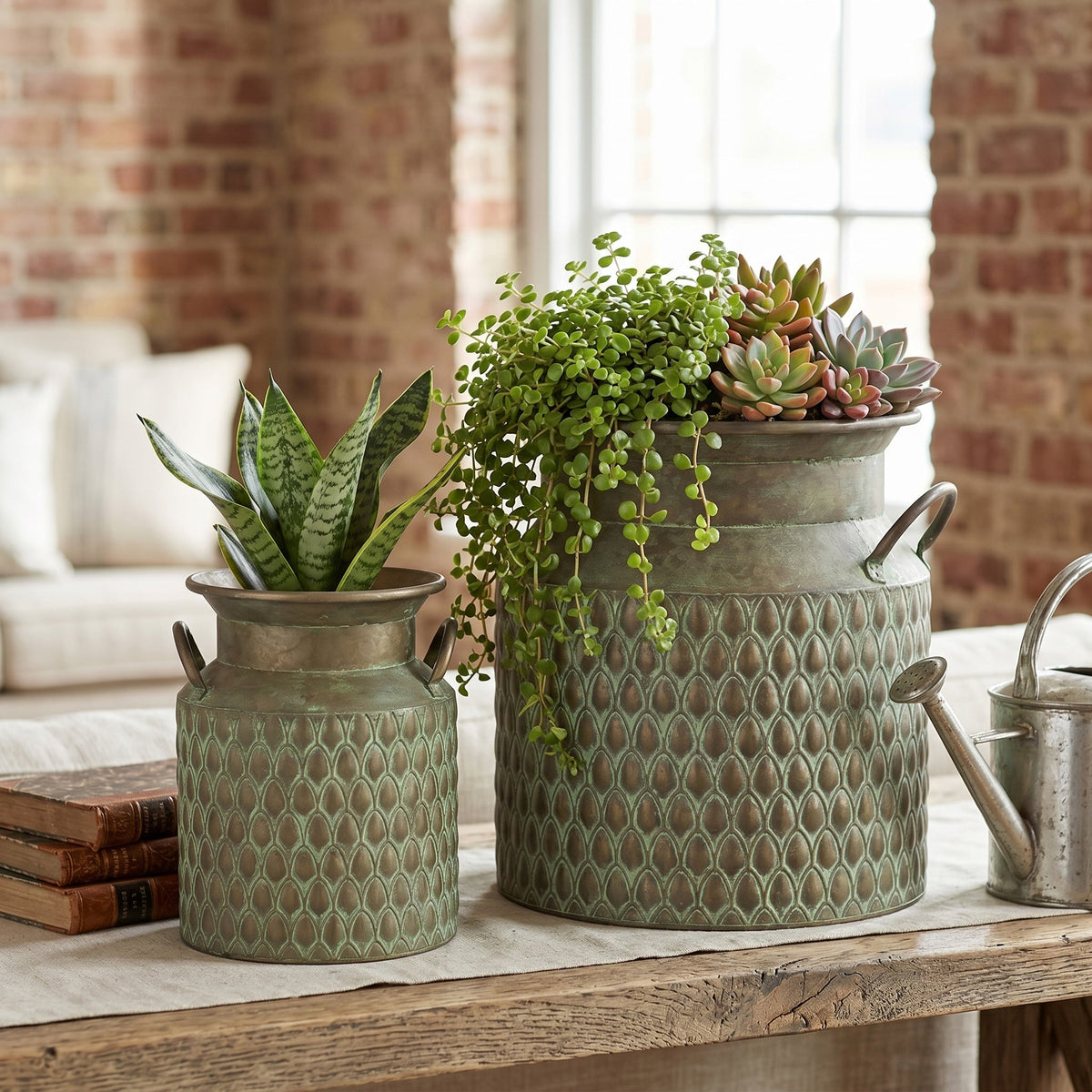 Iron Milk Jug Planters with Textured Green Finish – Set of 2