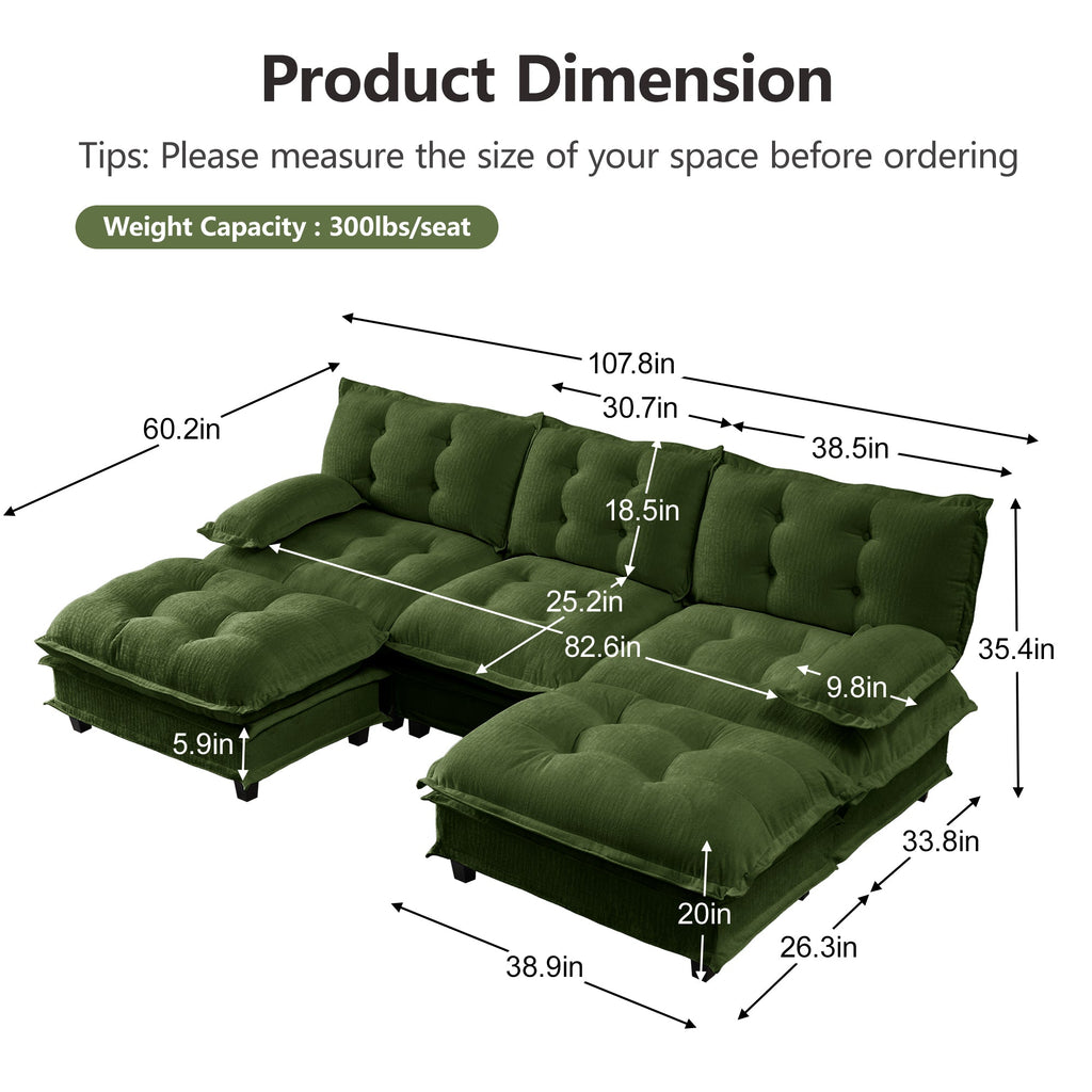 107" U Shaped Modular Sectional Sofa with Ottomans - Chenille