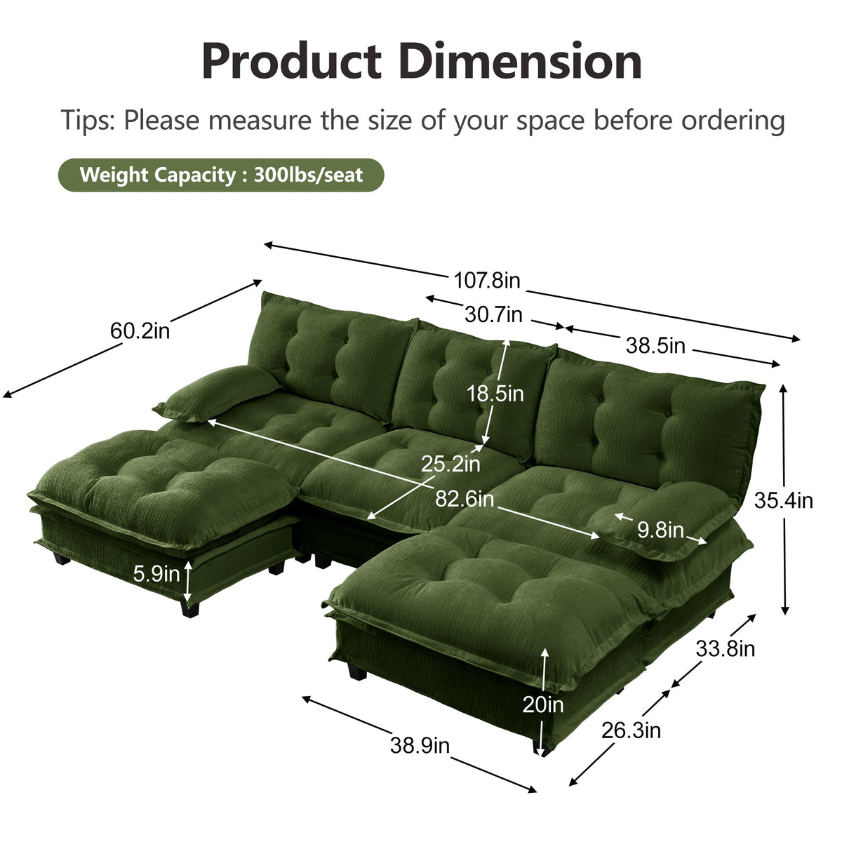 107" U Shaped Modular Sectional Sofa with Ottomans - Chenille