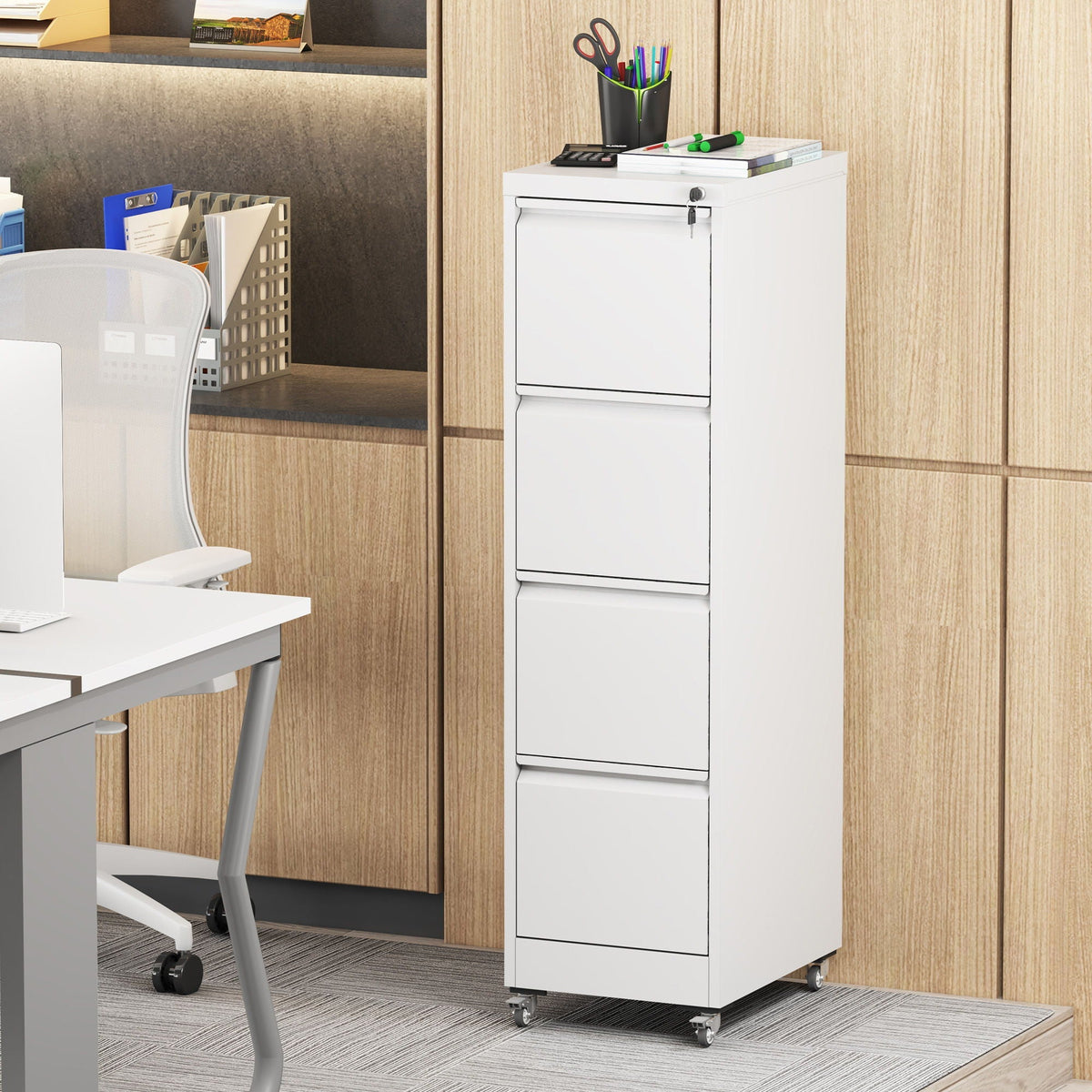 Metal Vertical File Cabinet with Locking Drawers and Wheels - Black or White
