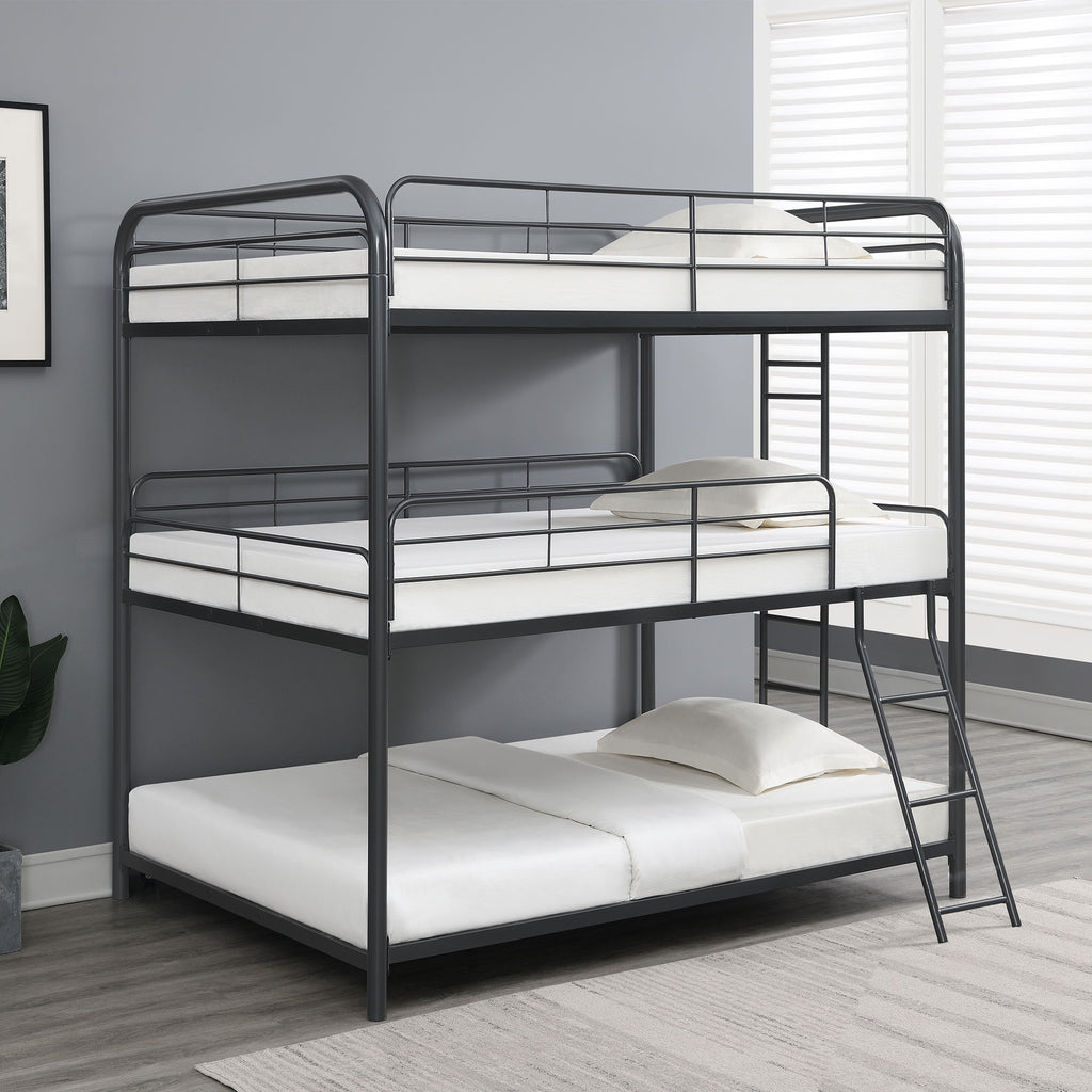 Full Size Triple Bunk Bed with Sturdy Metal Frame and Safe Stairs - Black
