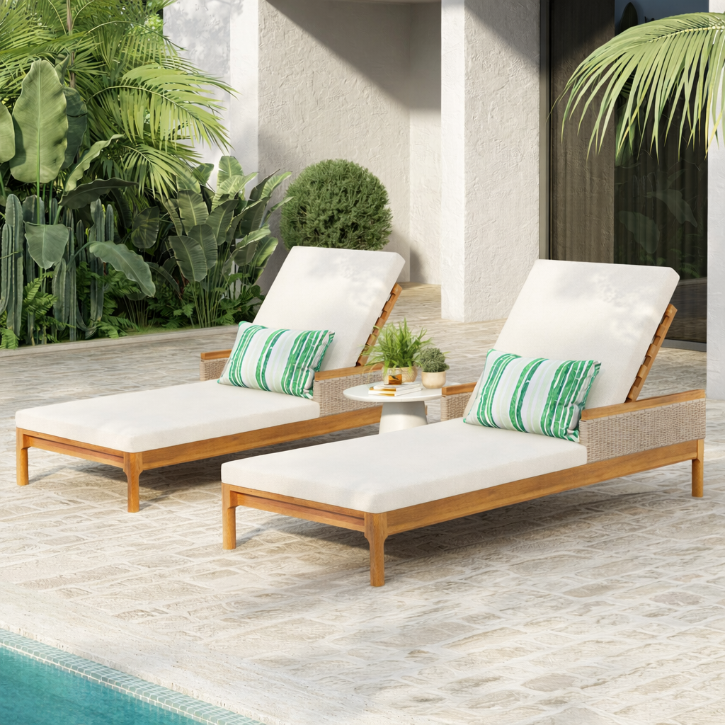 Solid Acacia Wood Sun Lounger Set of 2 with Cushions - Beige & Light Grey