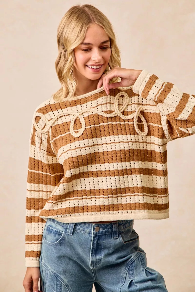 BiBi Striped Open Knit Sweater Top with Front Braided Detail