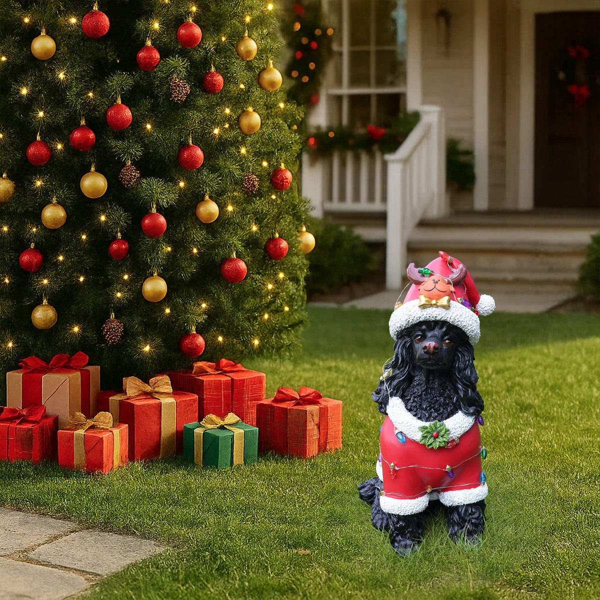 Festive Black Poodle Christmas Statue with Santa Outfit - Black+Red