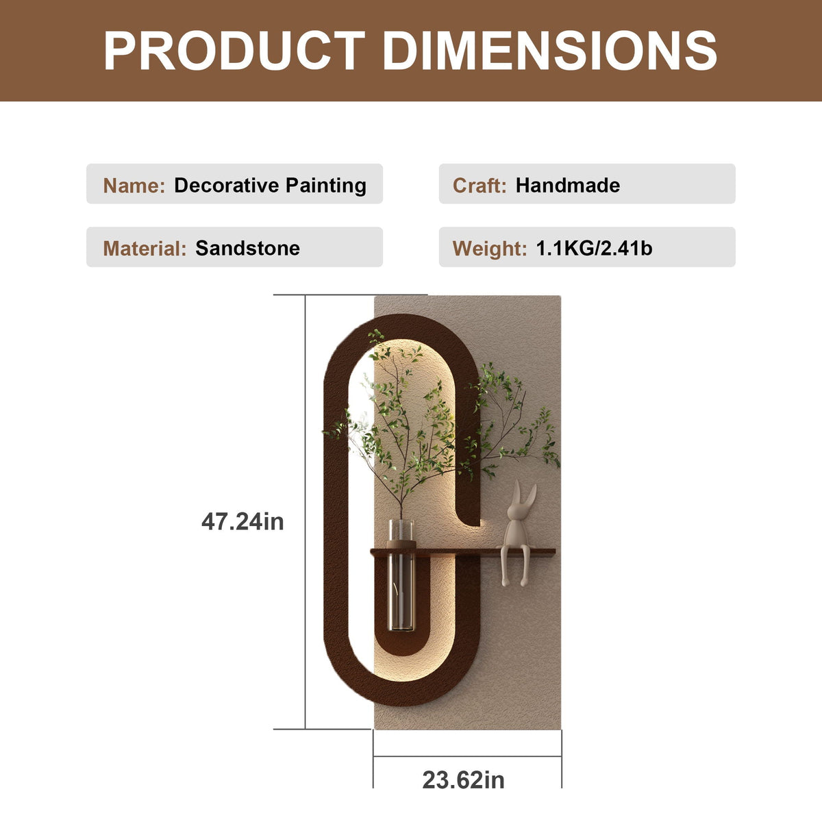 Adjustable LED Sandstone Wall Decor with 3D Art, Glass Vase & Rabbit Statue - Light Coffee
