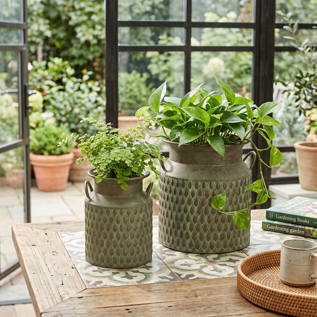 Iron Milk Jug Planters with Textured Green Finish – Set of 2