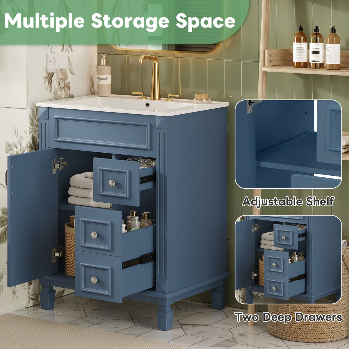 Blue Bathroom Vanity With Ceramic Sink, Two Drawers and Adjustable Shelf