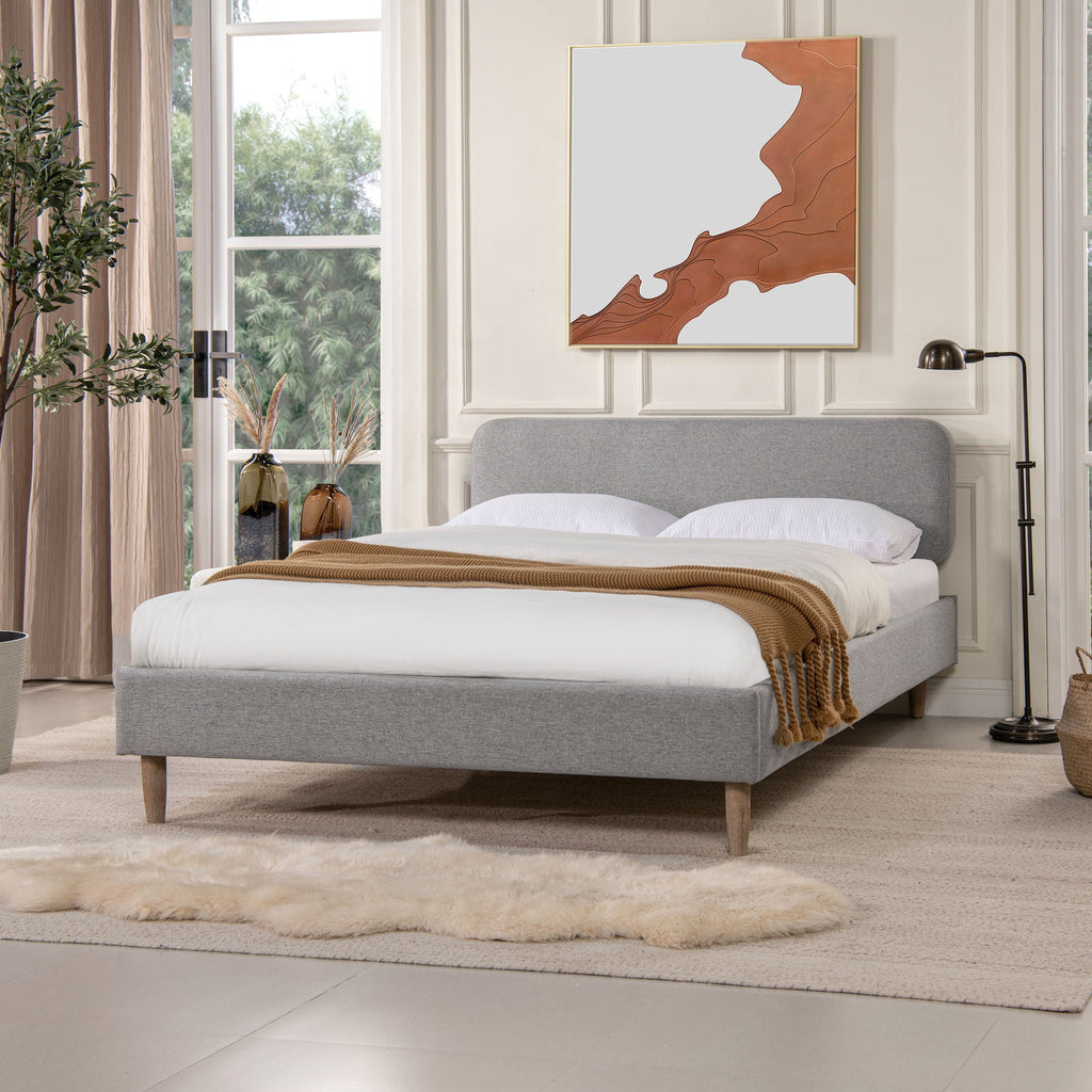 Low Upholstered Platform Bed with Natural Wood Legs - Gray