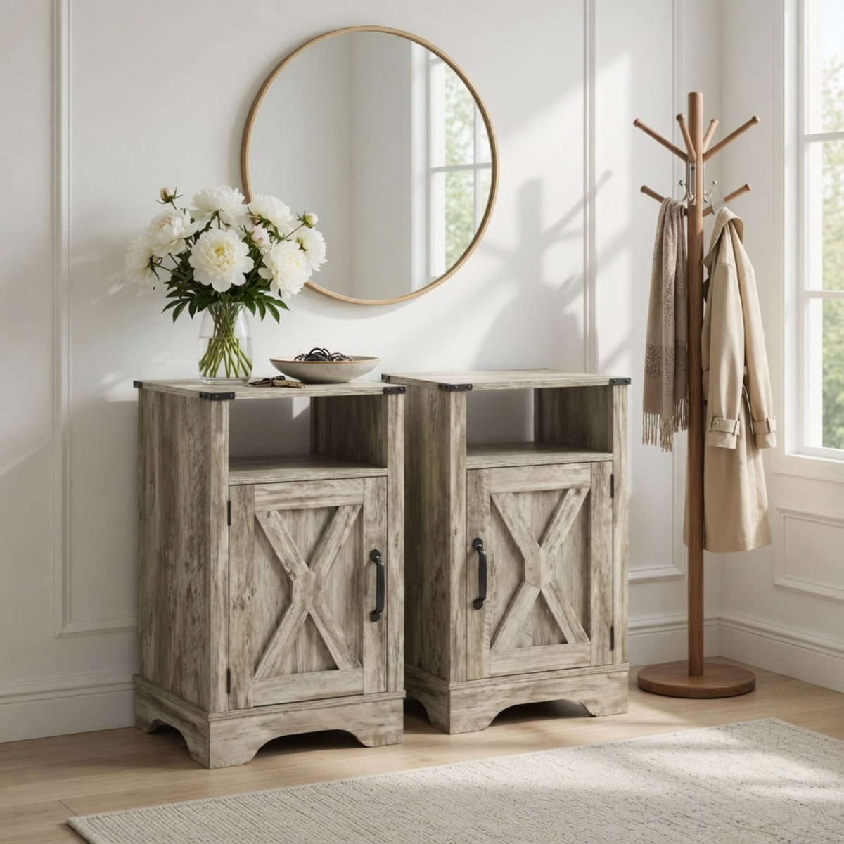 Farmhouse Nightstand with Charging Station & Storage - Multiple Colors