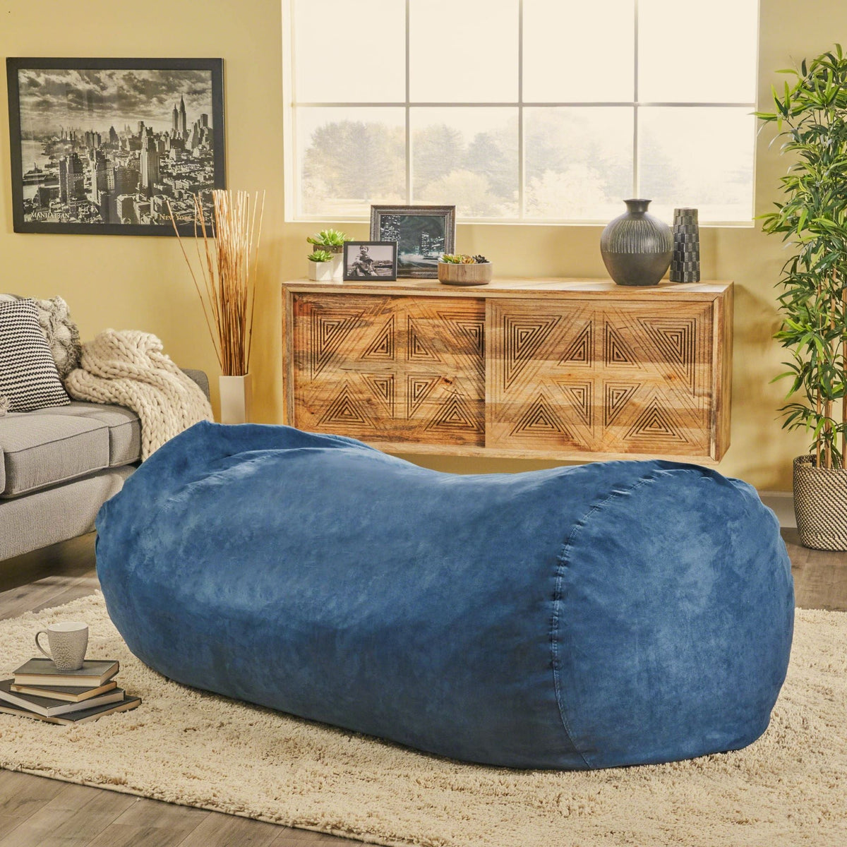 6.5 Foot Cylindrical Bean Bag with Removable Suede Cover - Midnight Blue