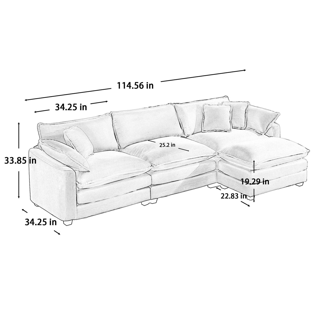 Modern Oversized Modular Cushion Sofa With Ottoman, Low Back, Deep Seating Sofa Set