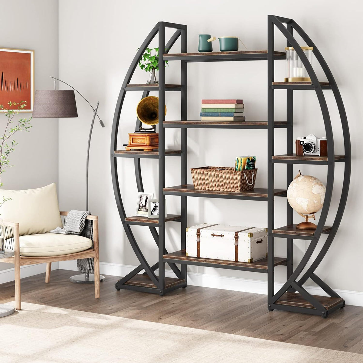 Triple Wide Oval Etagere Bookcase with Anti-Tip Device – Dark Brown