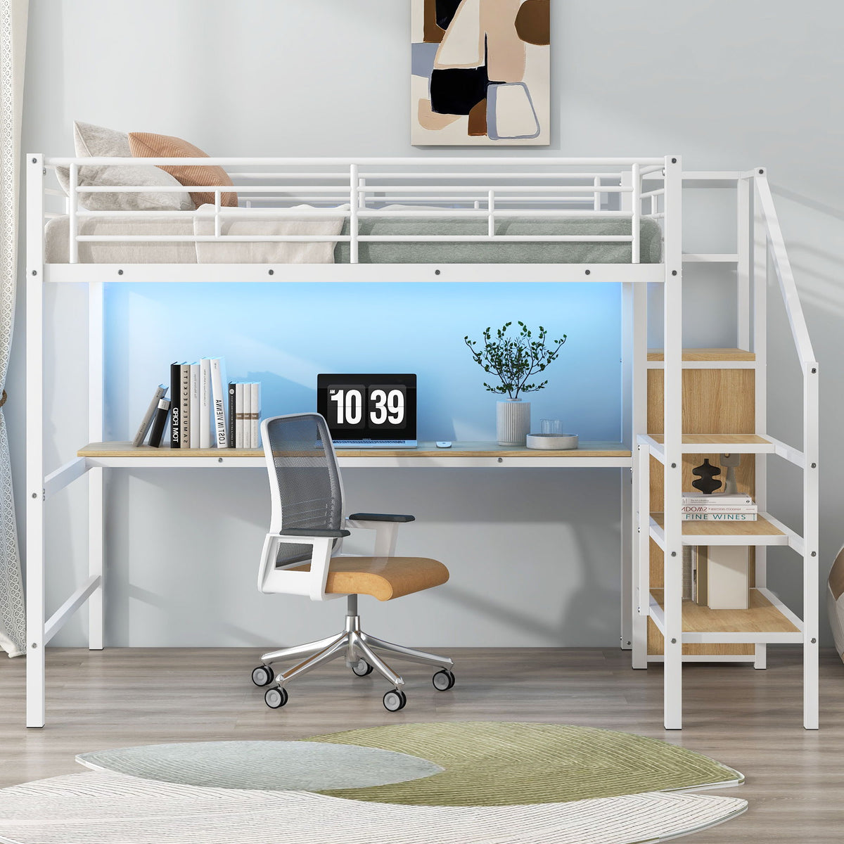 Full Size Loft Bed with Desk, Storage Staircase & Wardrobe - Black or White