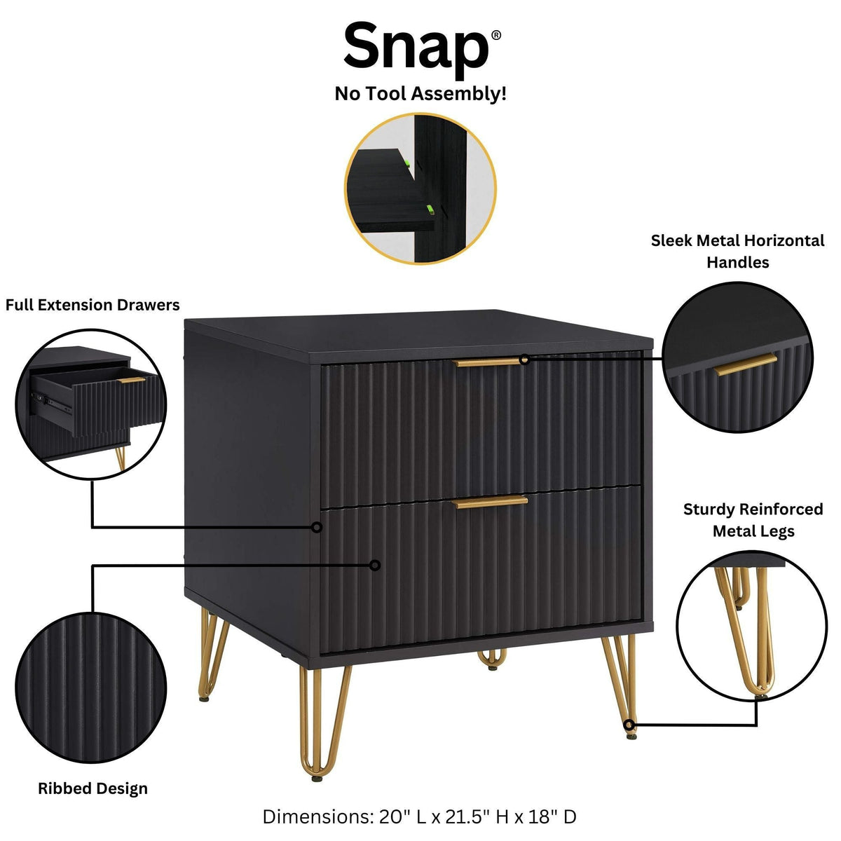 Dumbo Nightstand with 2 Drawers and Fluted Fronts – Multiple Colors