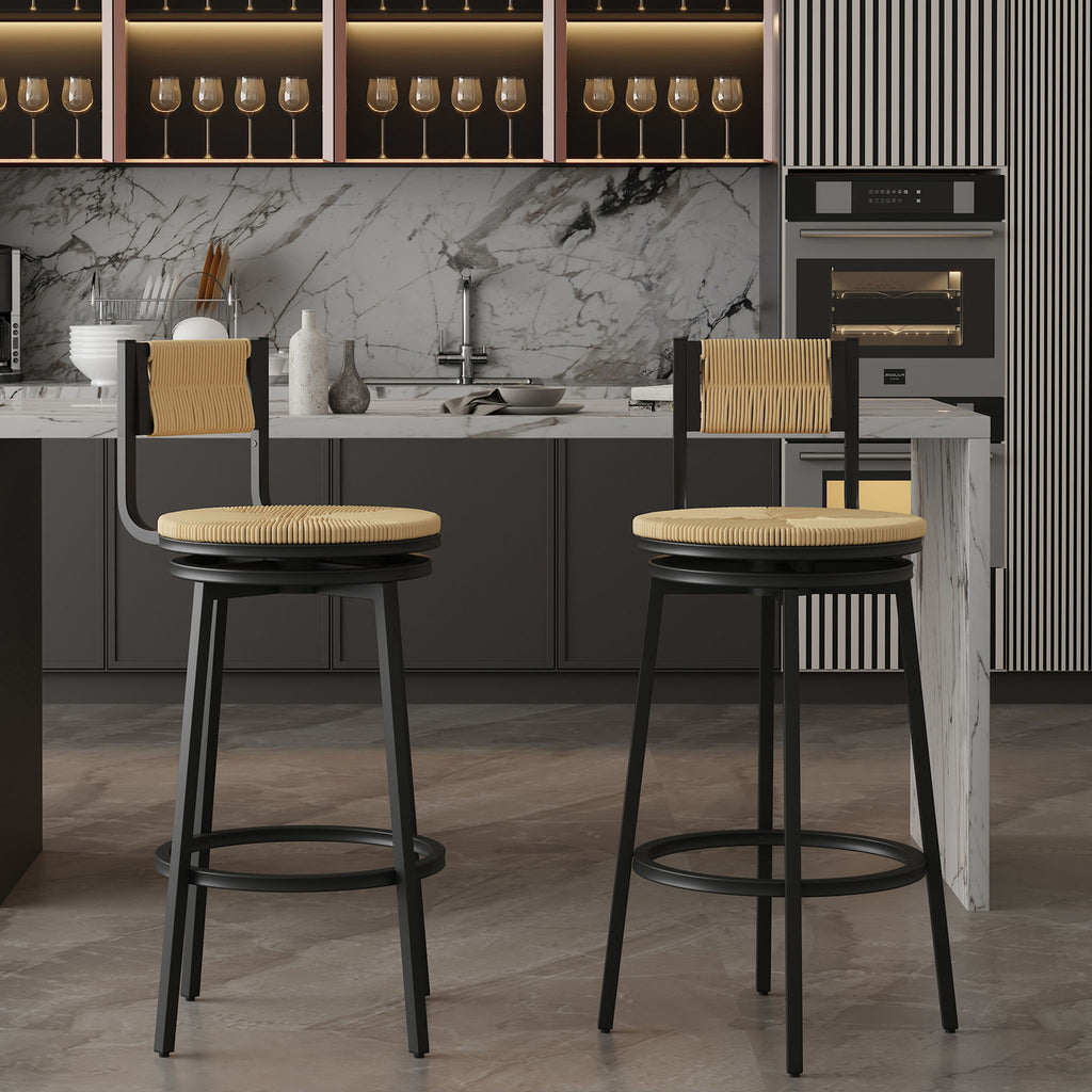 Swivel Counter Bar Stools with Full Back - Hand Woven Paper Rope, Set of 2