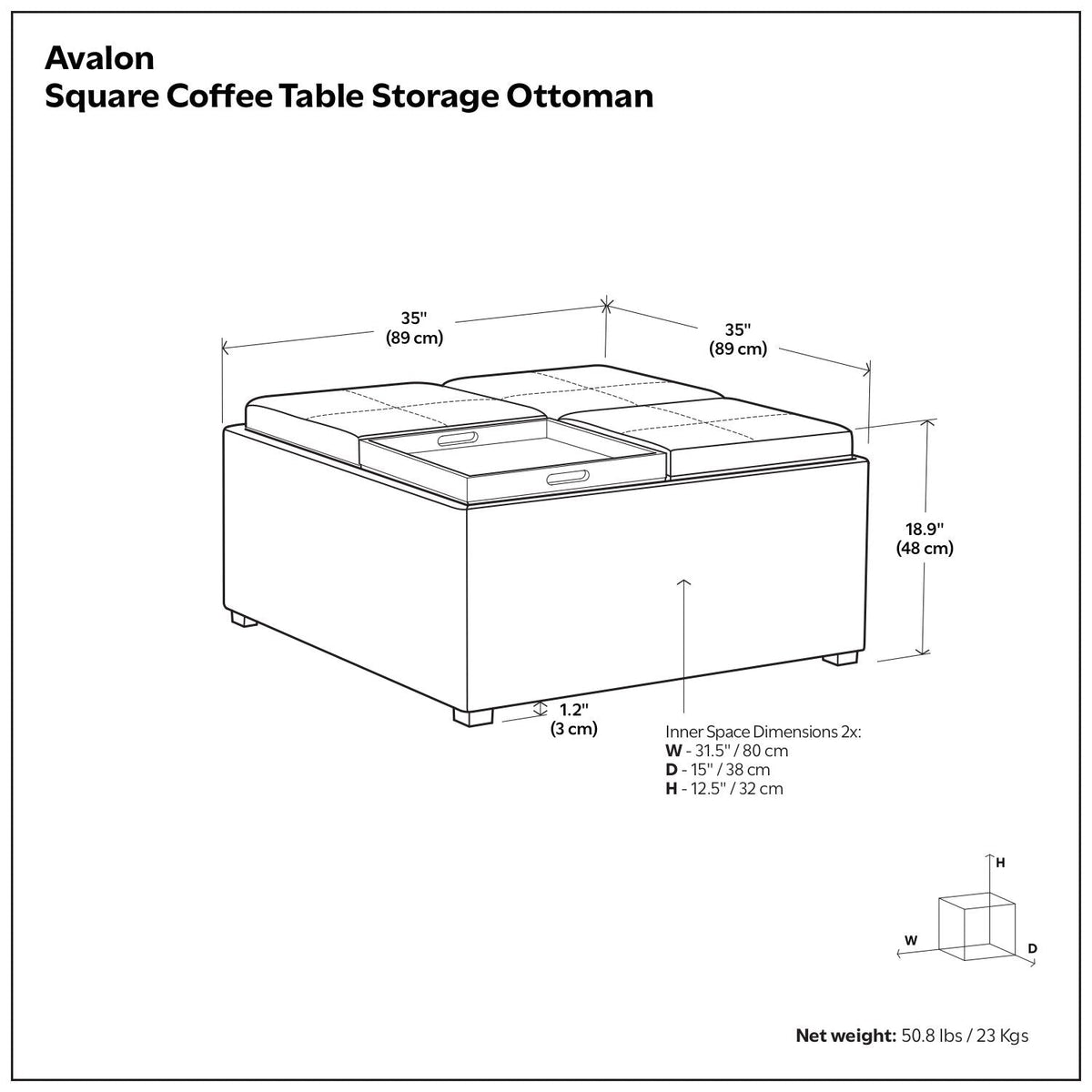 Upholstered Square Coffee Table Storage Ottoman with Flip Serving Trays - Black or Dark Brown