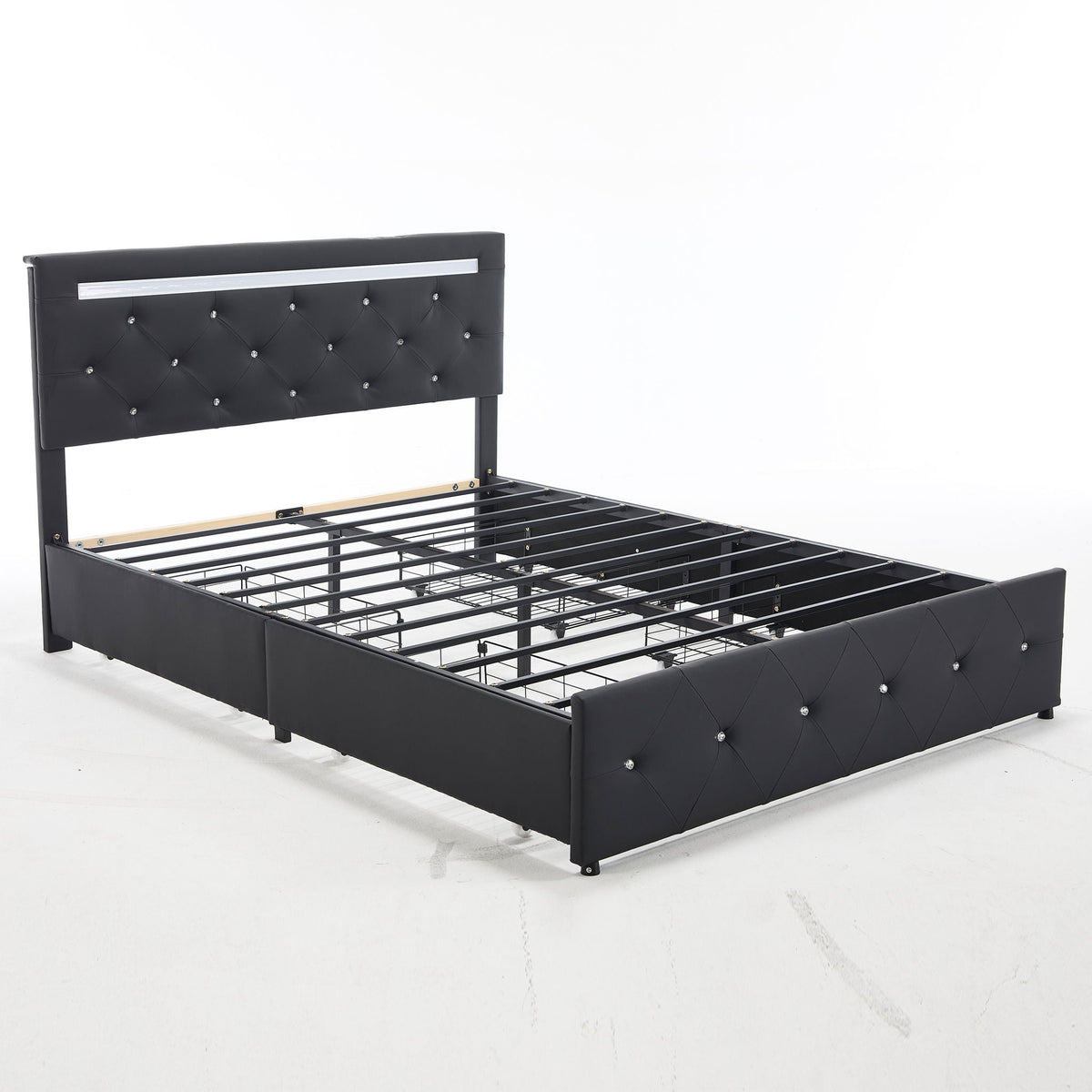 Upholstered Storage Bed Frame with LED Lights and Drawers – White or Black