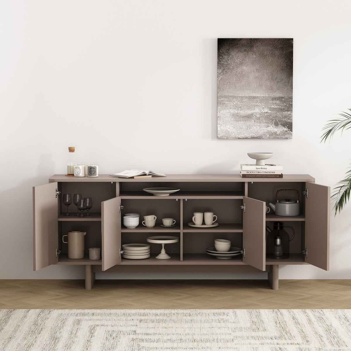 Sideboard With Adjustable Shelves and Soft Close Doors - White, Light Brown, Green