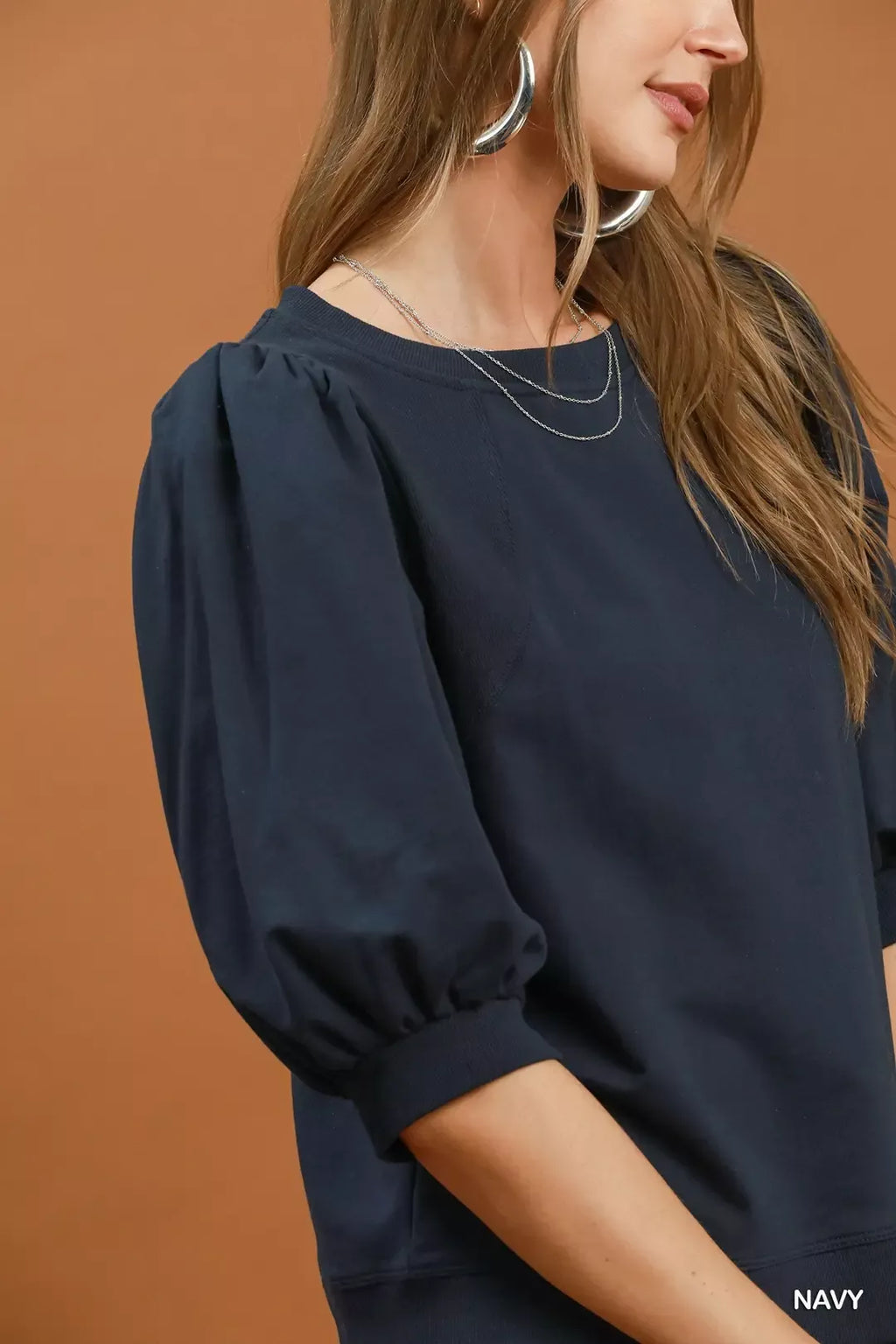 Umgee Puff Sleeve Round Neck Sweatshirt