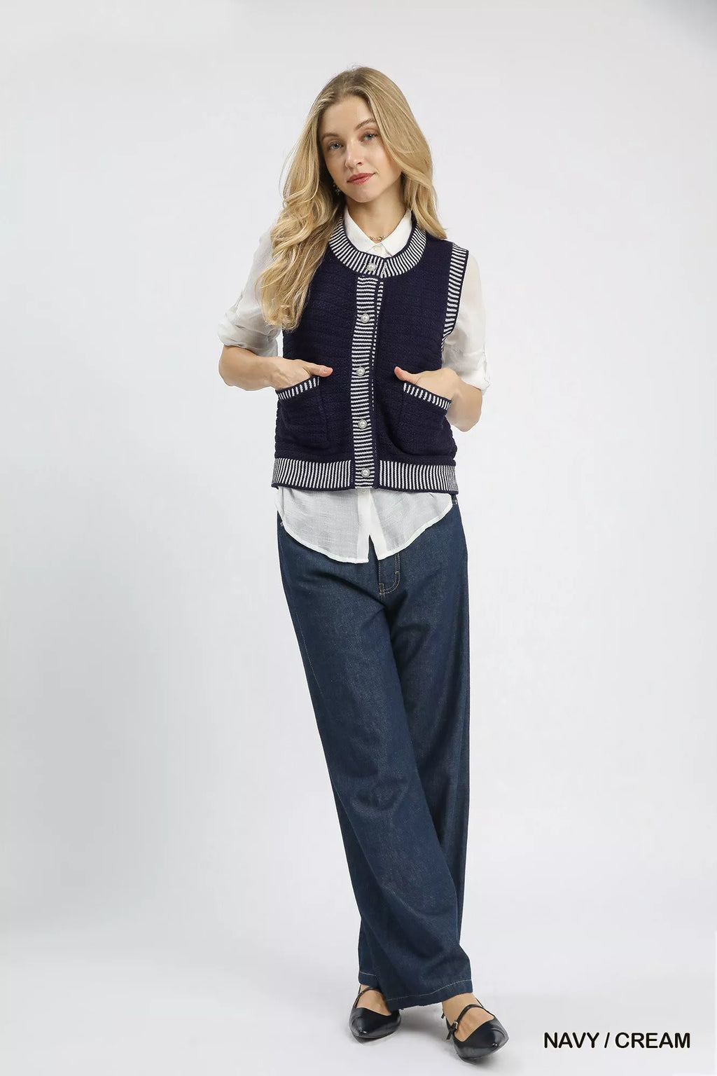 Umgee Contrast Striped Trim Button-Down Sweater Vest