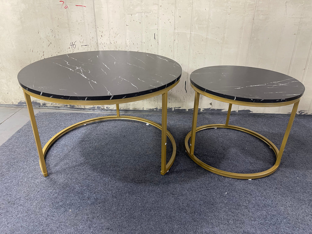 Nesting Coffee Table Set of 2 with Wood Marble Pattern Top - Black+Gold