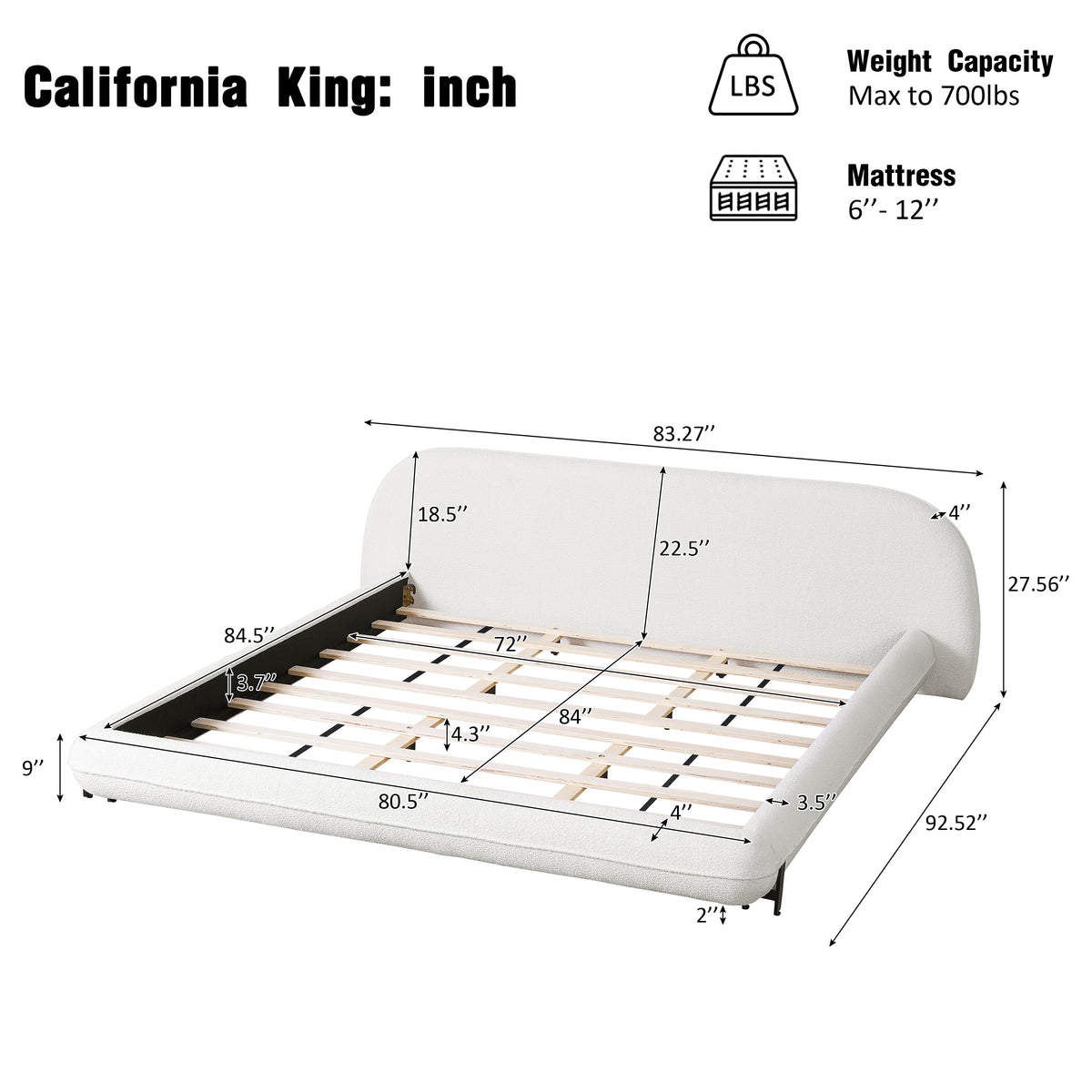 California King Size Bed Frame with Boucle Fabric and Thick Headboard