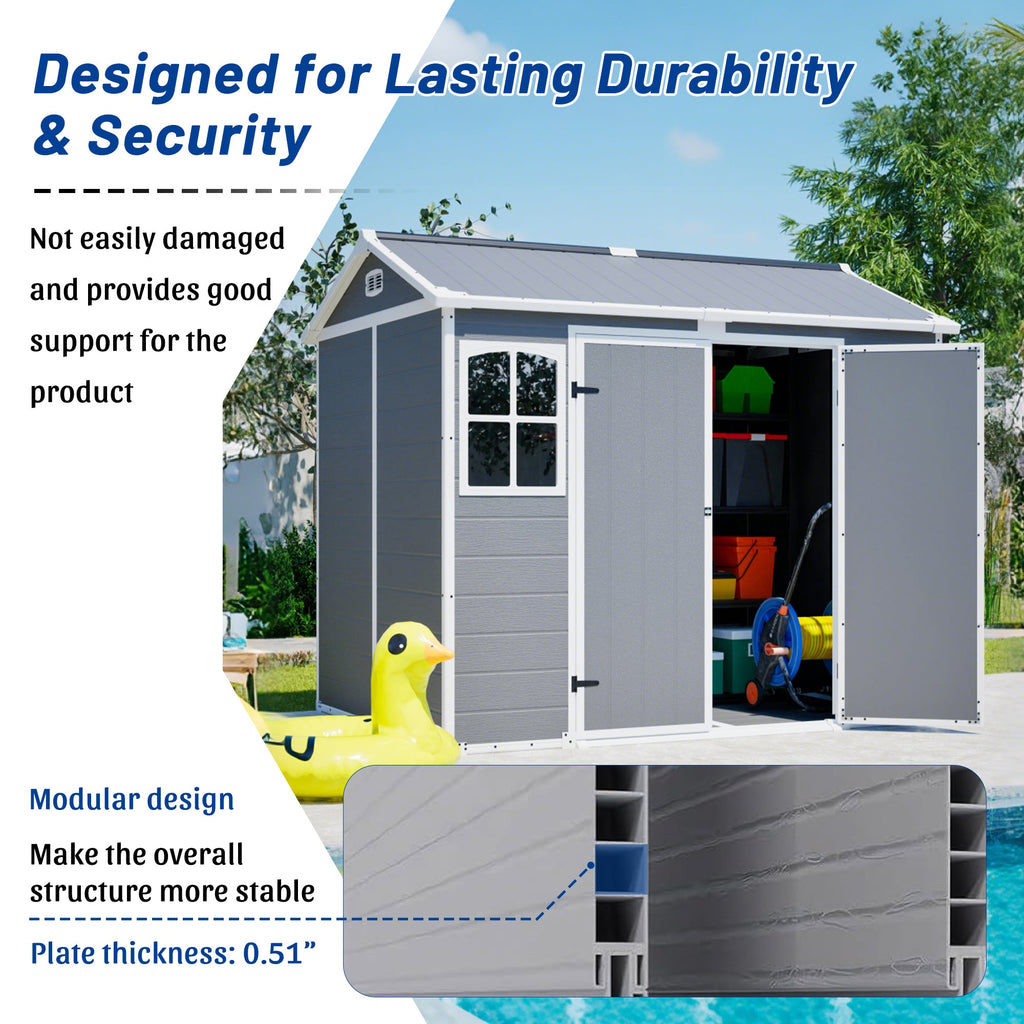 Plastic Utility Shed 8x6 ft with Floor – Lockable Storage Shed - Gray-White