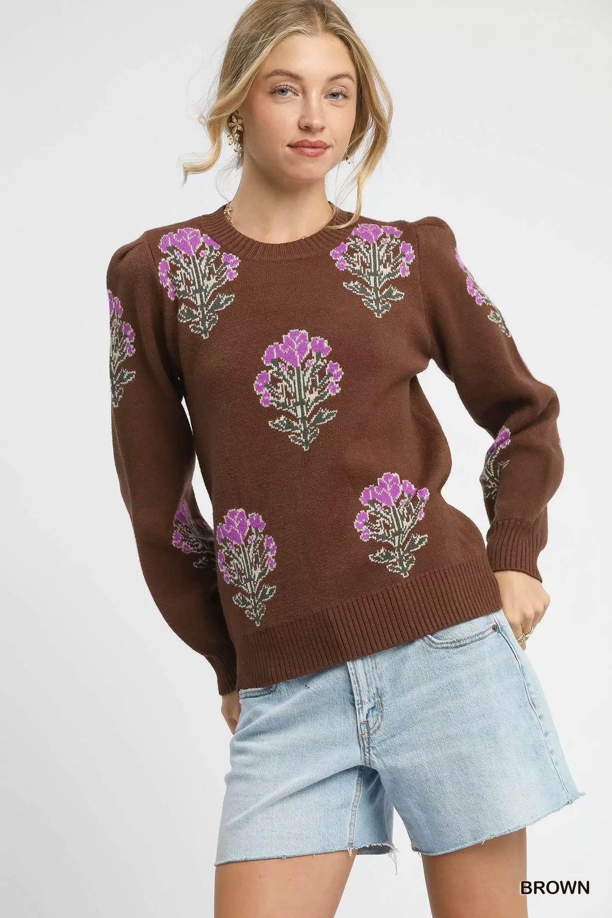 Umgee Single Flower Stem Jacquard Sweater