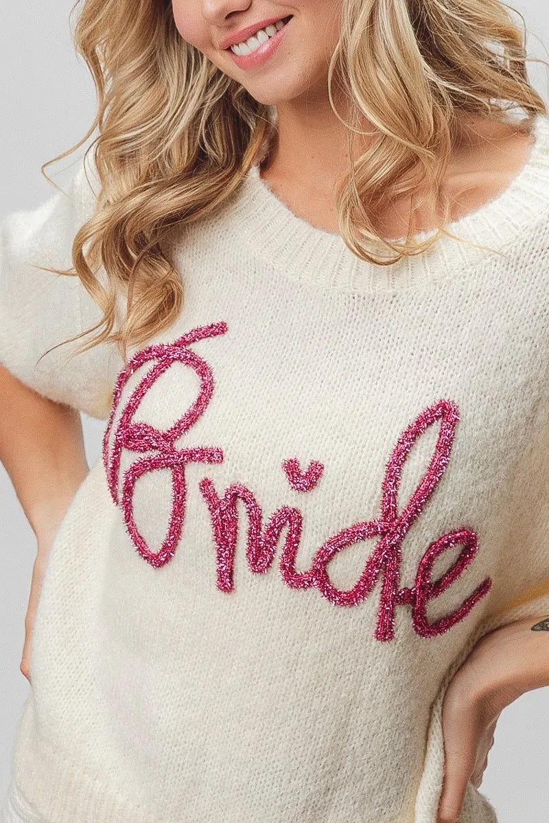 BiBi Metallic Letter Short Puff Sleeve Hairy Sweater