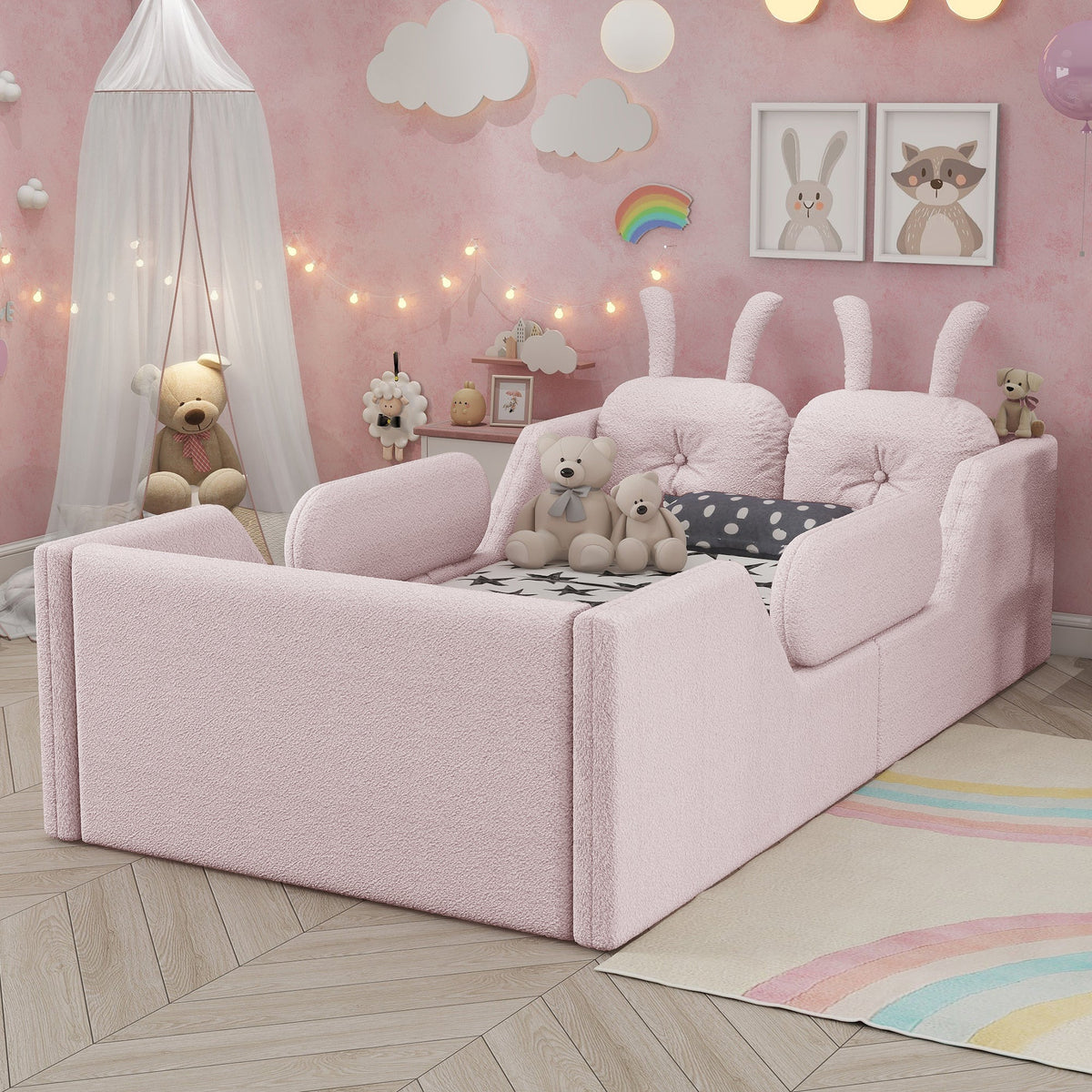 Twin Size Upholstered Platform Bed with Rabbit Cushion – Pink