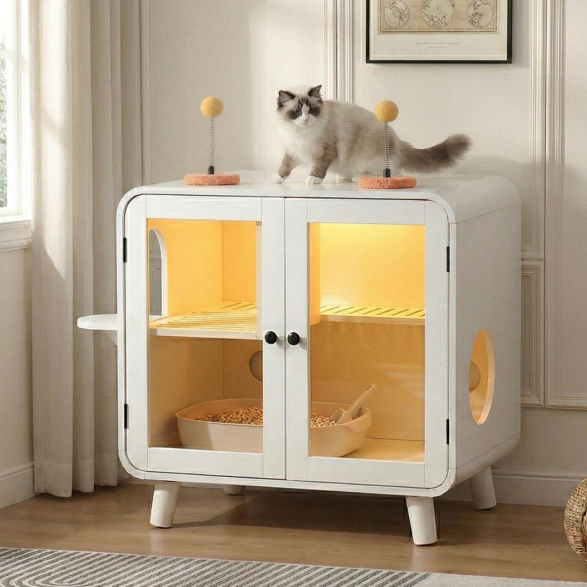 Cat Hidden Litter Box Enclosure with RGB LED Light - White