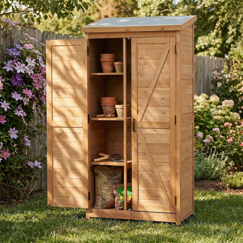 Outdoor Storage Shed with Vertical Tool Cabinet - Solid Wood, Dark Gray or Light Brown
