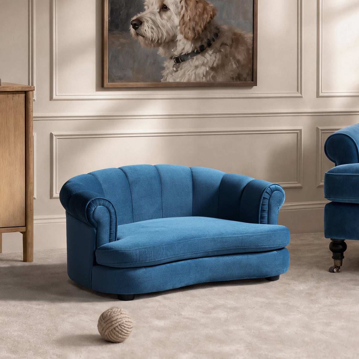 Halle 35.5" Rolled Arm Channel-Tufted Dog Sofa Bed with Velvet Upholstery - Satin