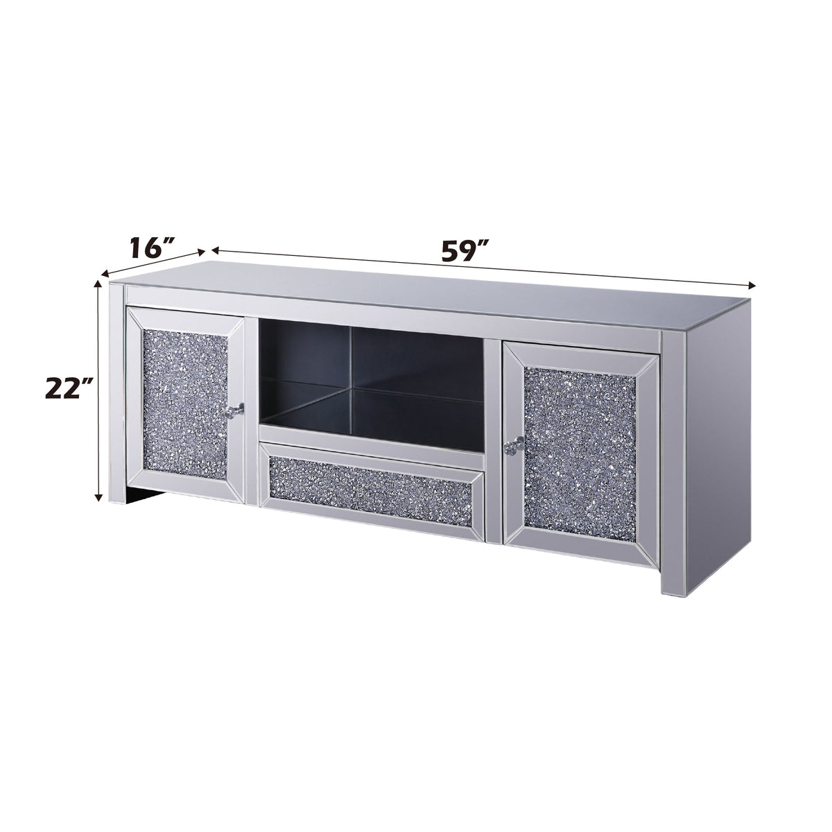 Mirrored TV Stand with Faux Diamonds and Storage - Silver